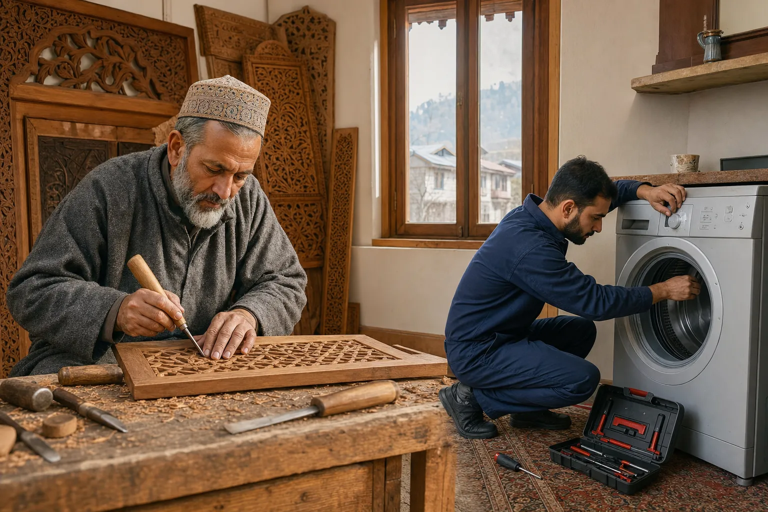 Traditional Kashmiri craftsmanship alongside modern home appliance care