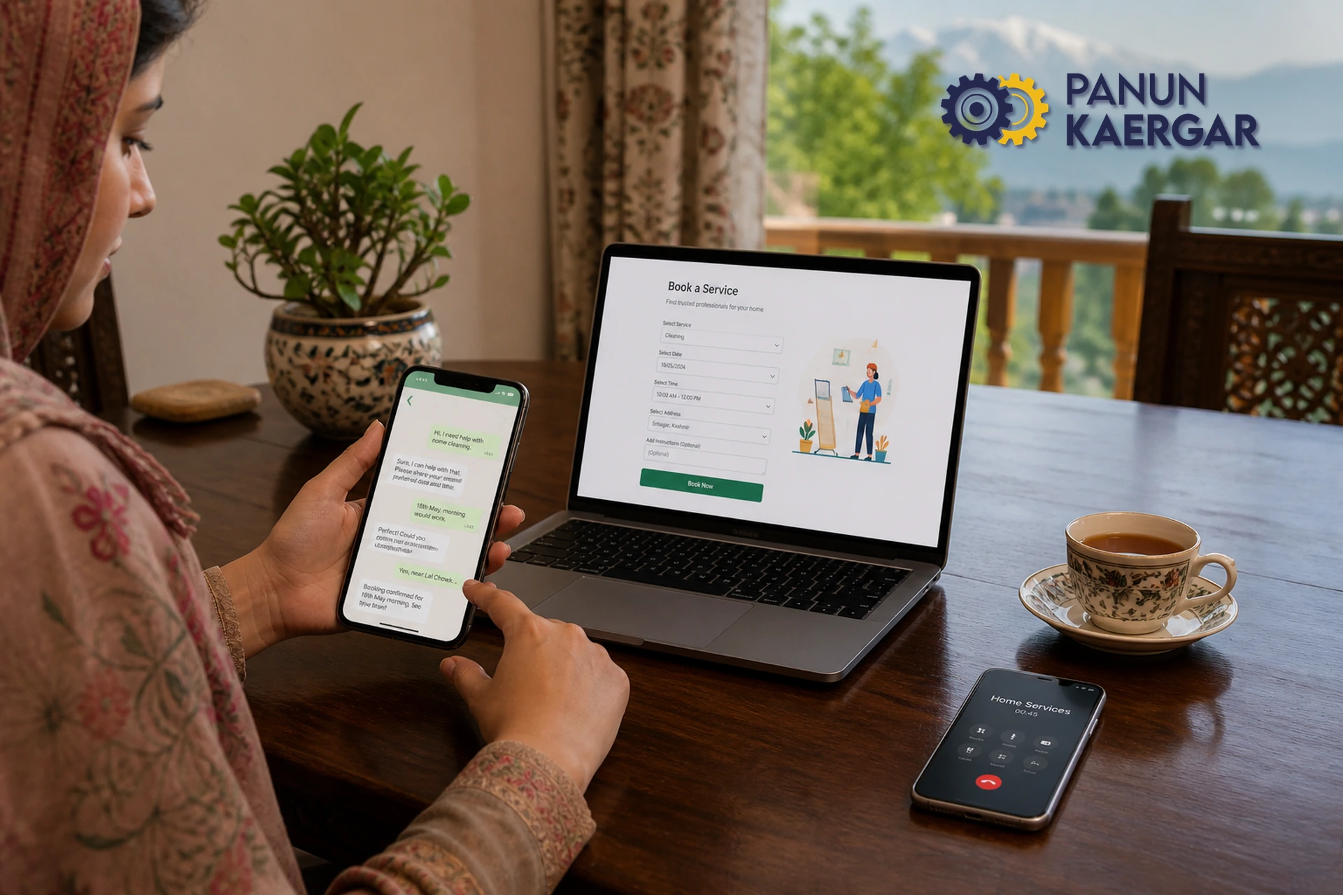 Booking a home service by phone, WhatsApp, or website