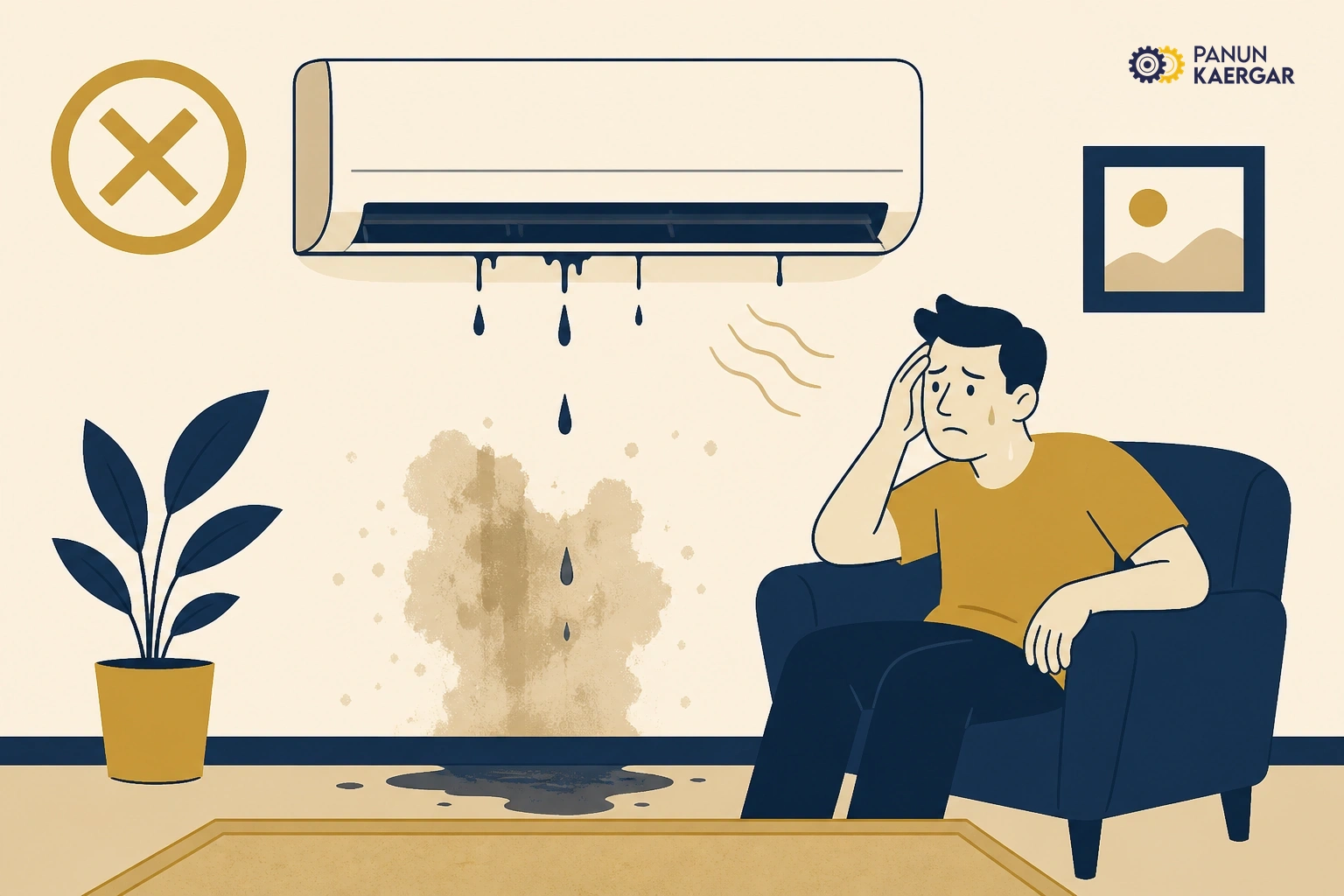 Oily stain under AC indoor unit with water drip