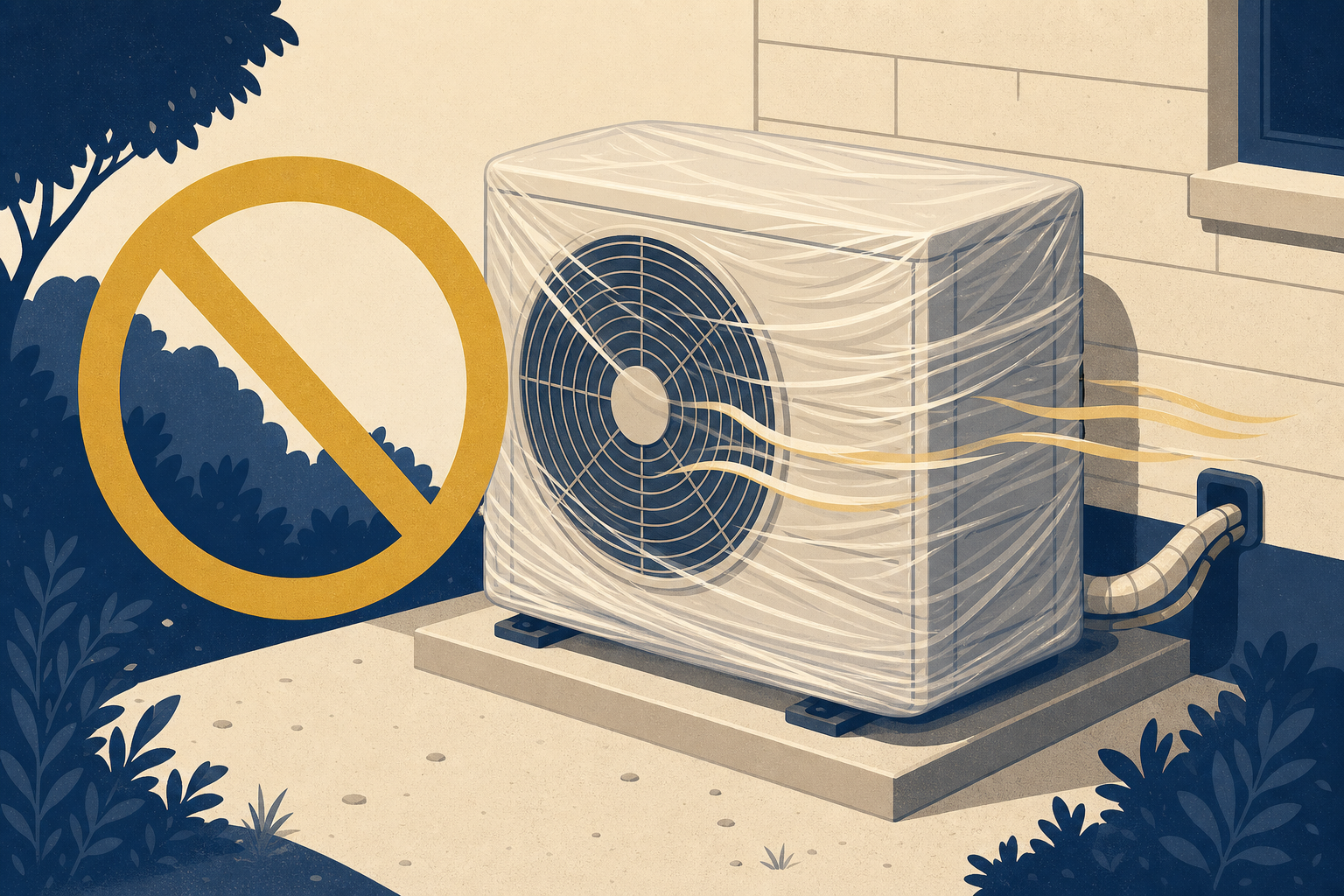 Outdoor AC unit sealed in a plastic cover while running with stop warning