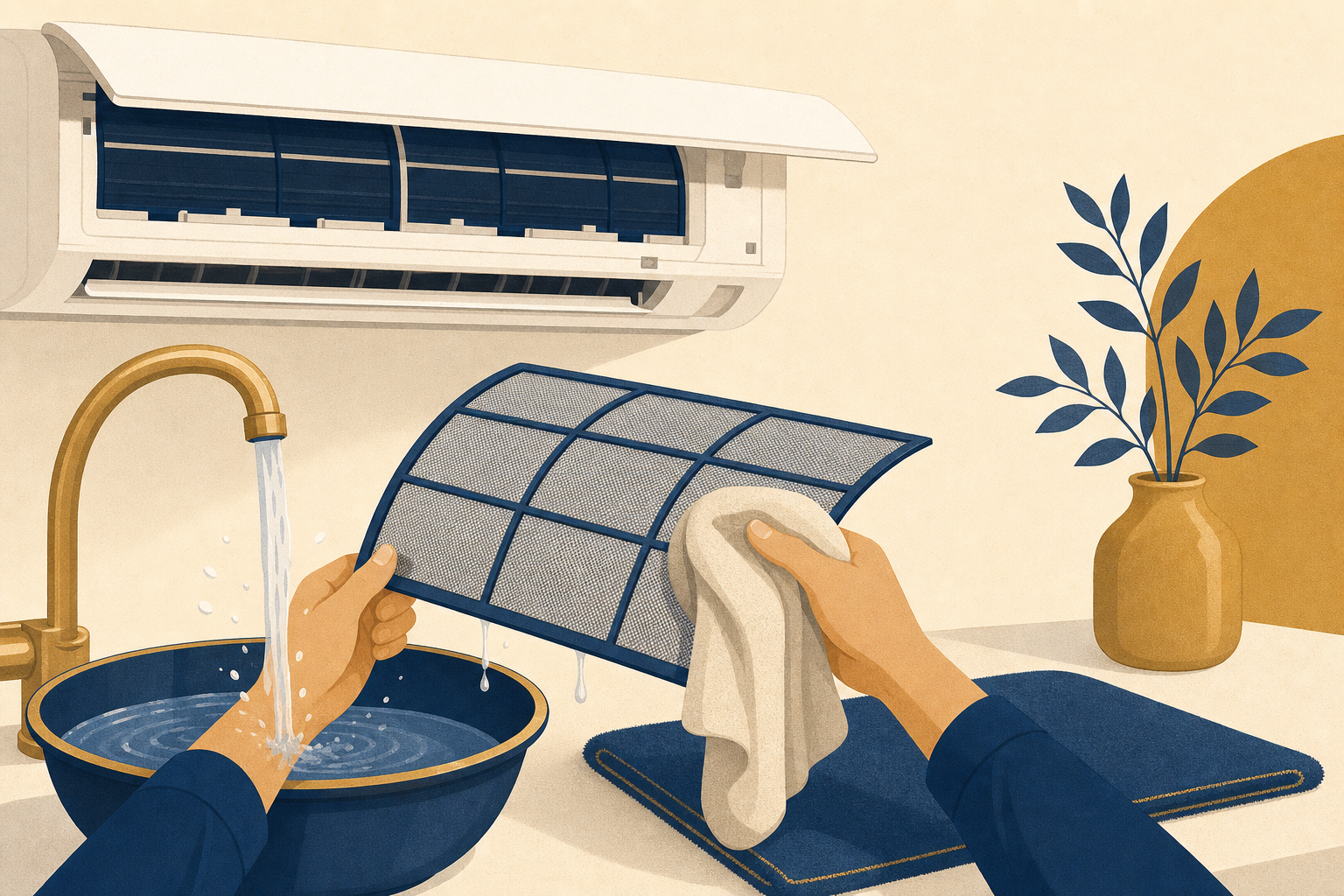 Split AC filter being rinsed gently and left to dry