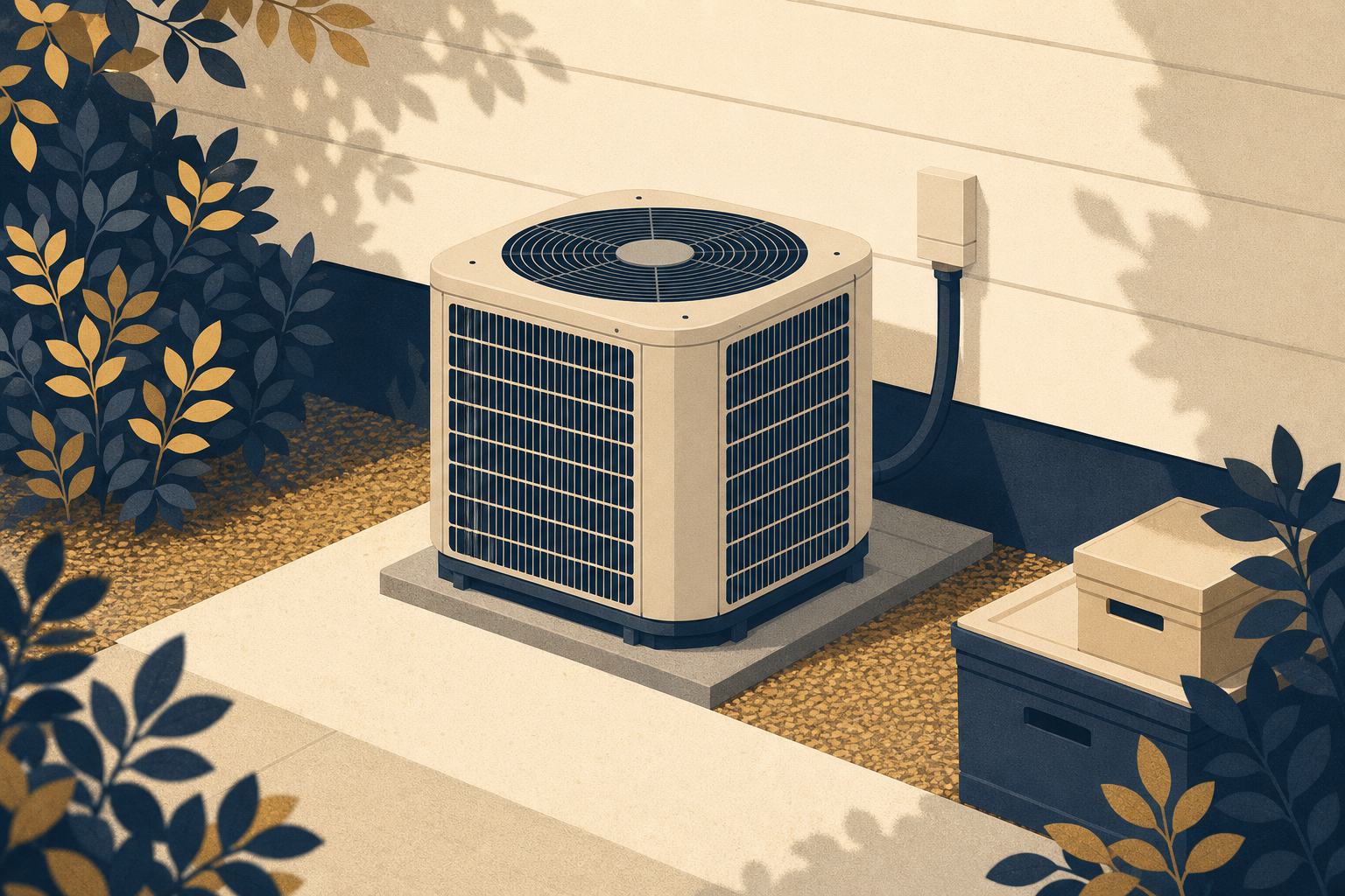Outdoor AC condenser cleared of leaves cover and clutter for airflow