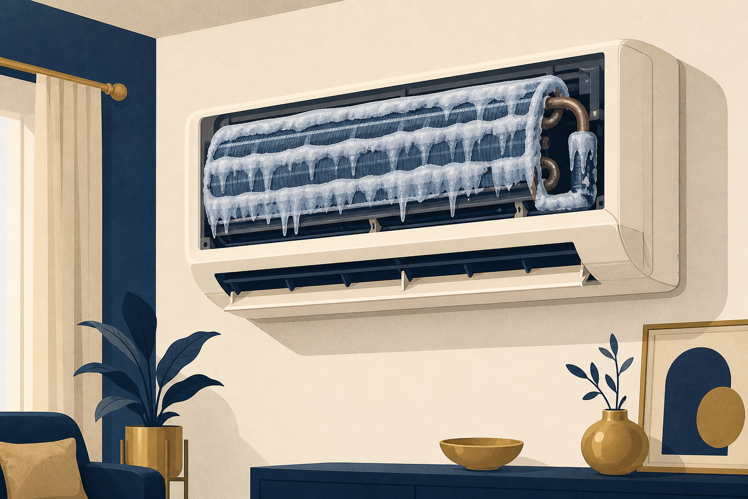 Indoor AC unit with ice on the coil switched off to thaw