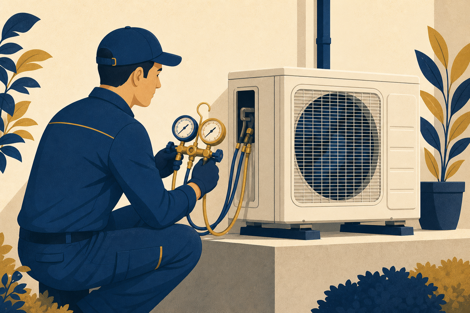 Technician checking split AC outdoor unit with service gauges