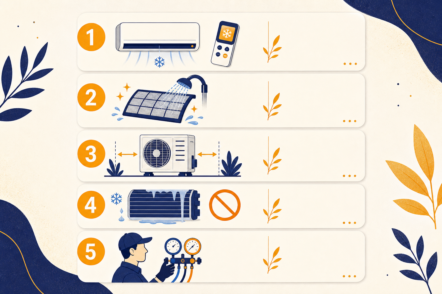 Five-step method ladder for AC not cooling from remote mode to technician check