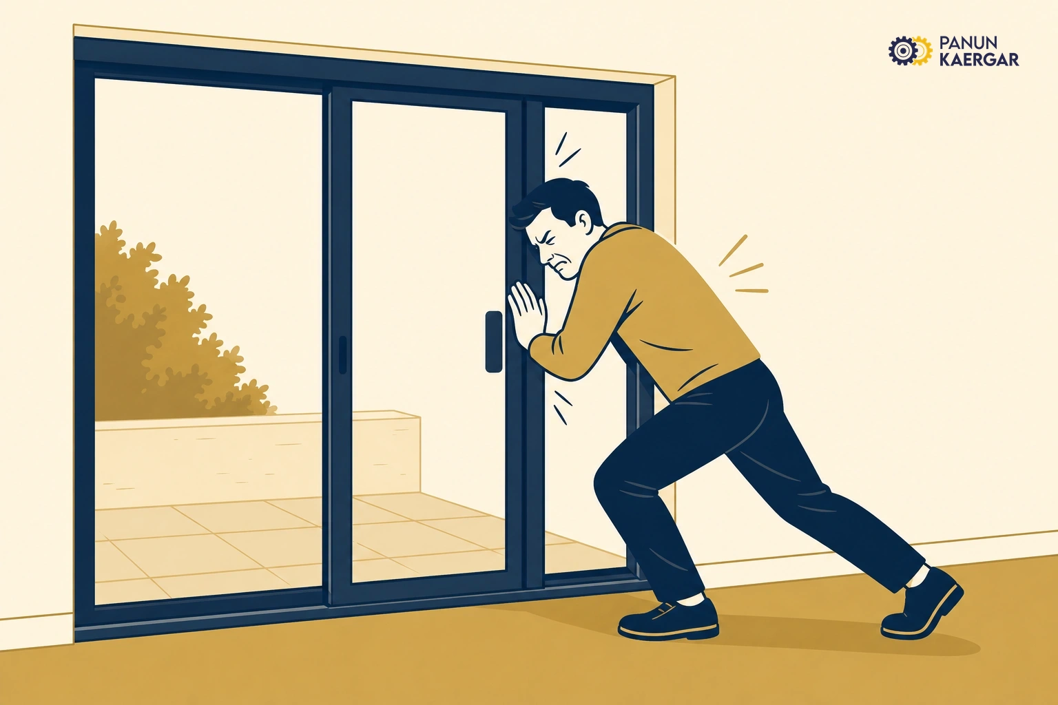 Person forcing a stuck aluminium sliding balcony door with shoulder instead of cleaning the track