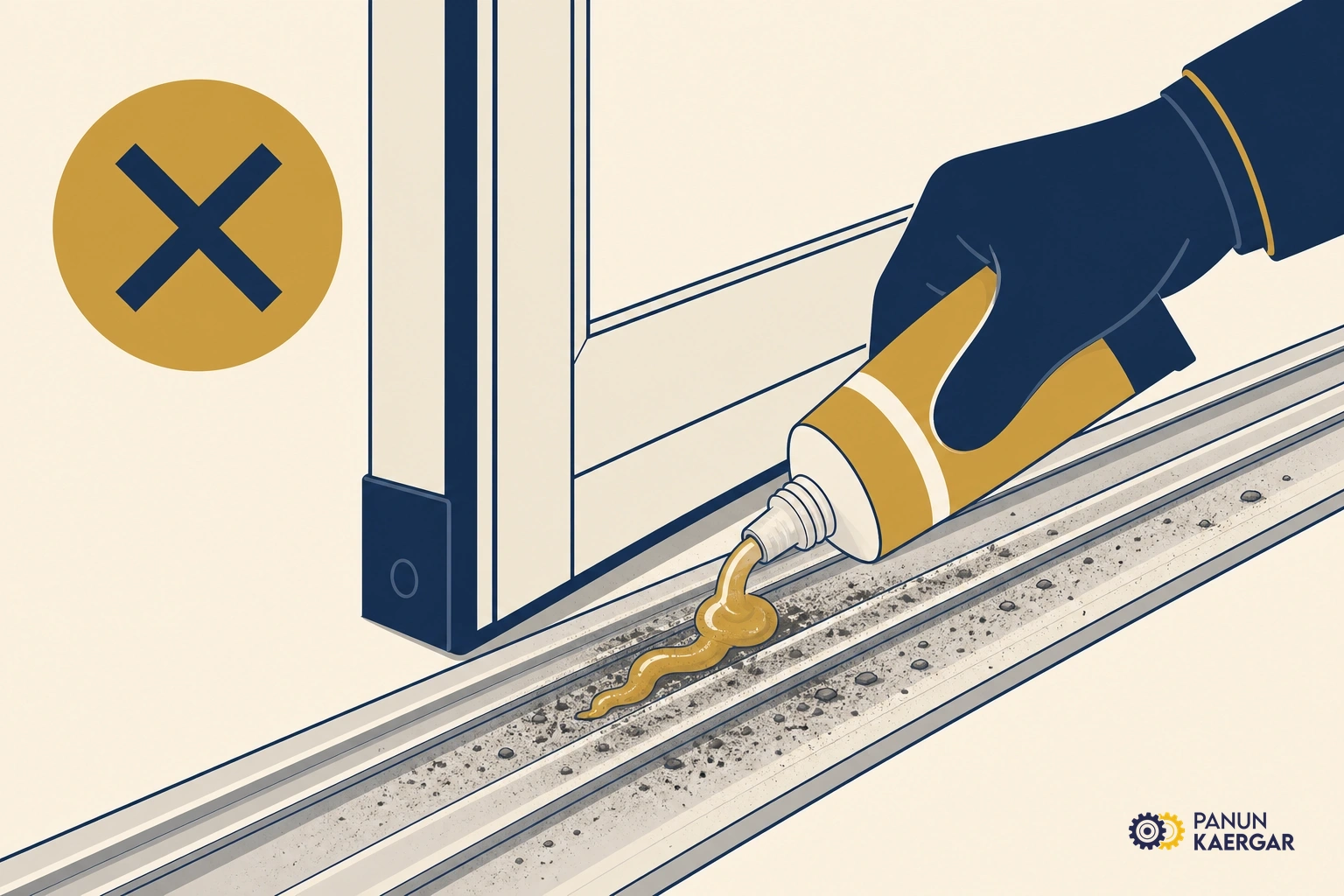 Applying thick grease to an aluminium door track that already has dust packed in the channel