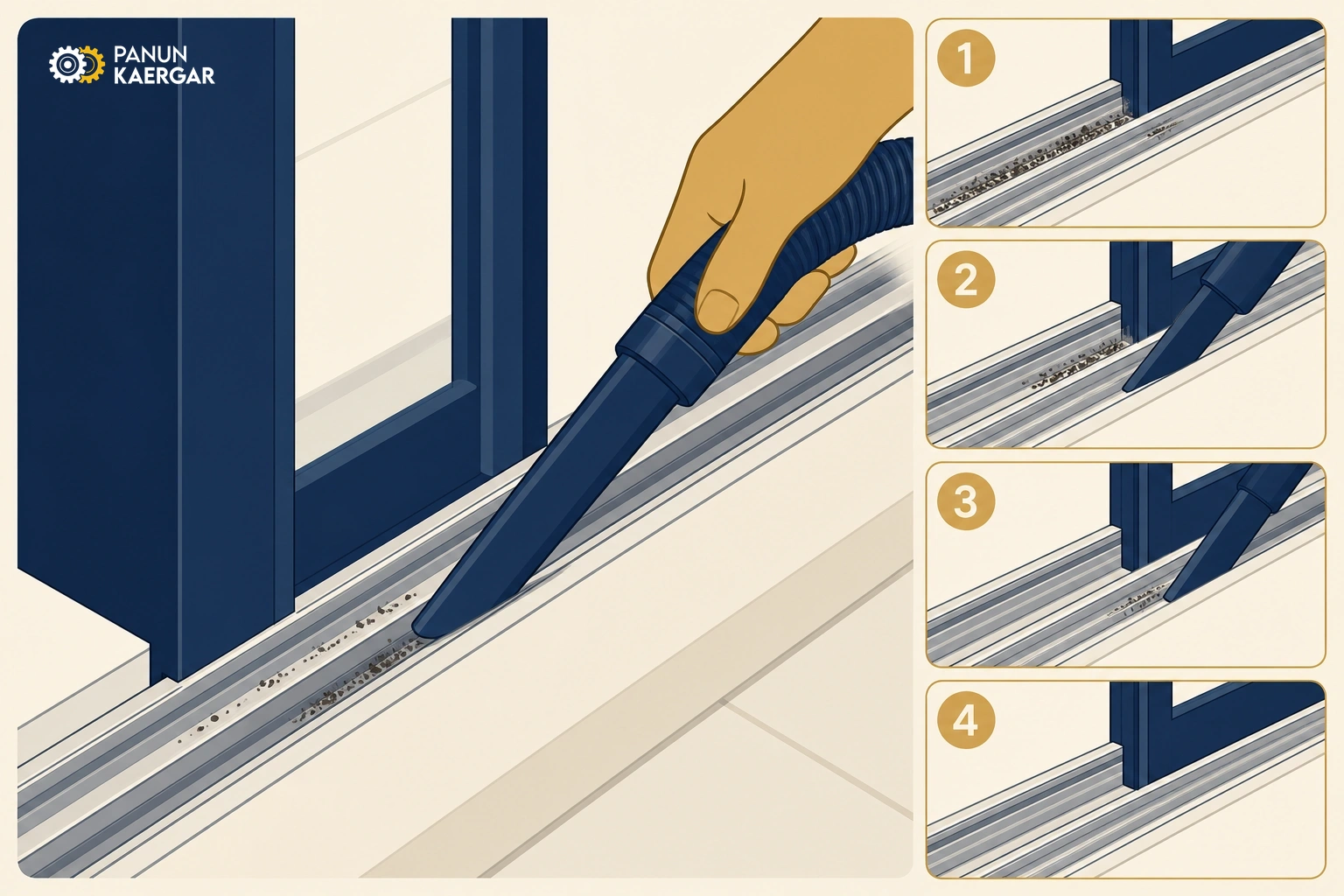 Vacuum the track — Remove loose grit with a vacuum nozzle, then wipe with a soft brush and dry cloth