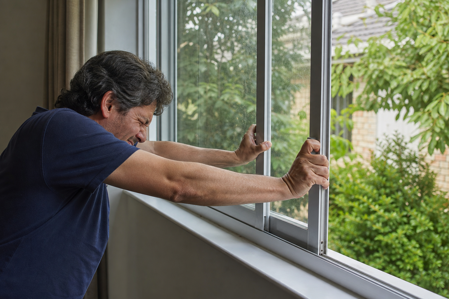 Person forcing a jammed aluminium sliding window