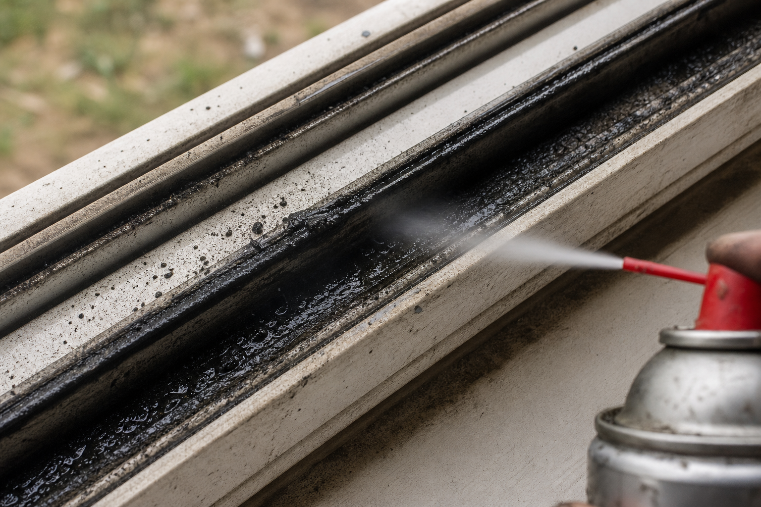Greasy lubricant attracting dirt in sliding window track