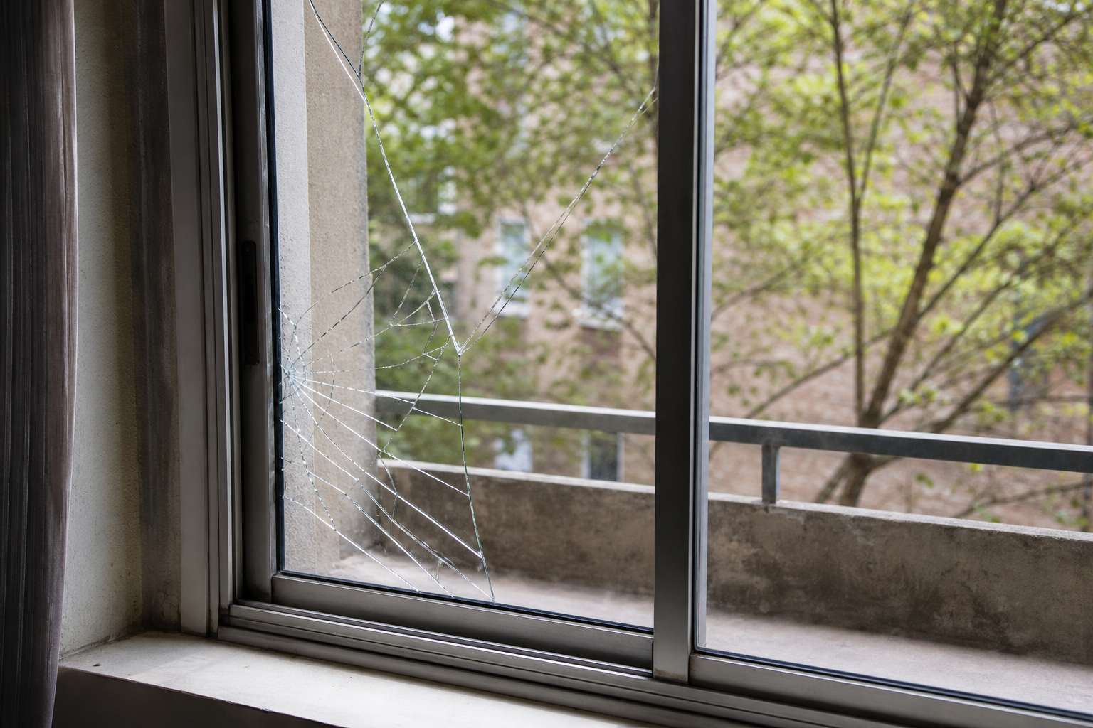 Cracked glass in aluminium sliding window
