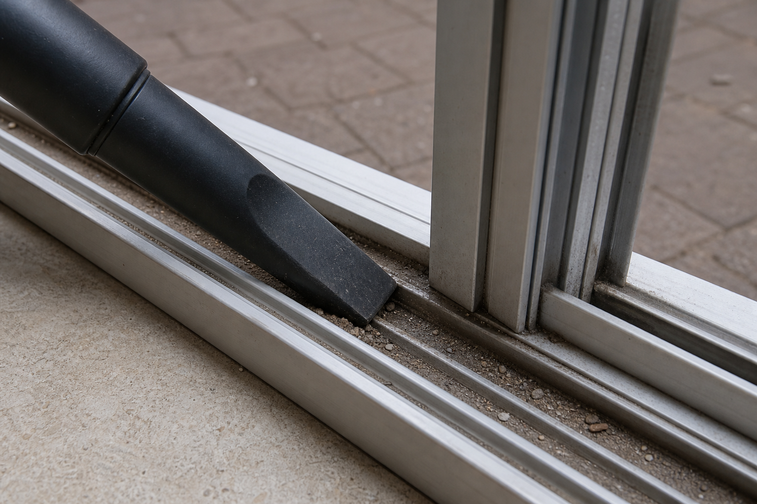 Vacuum nozzle removing grit from aluminium sliding window track