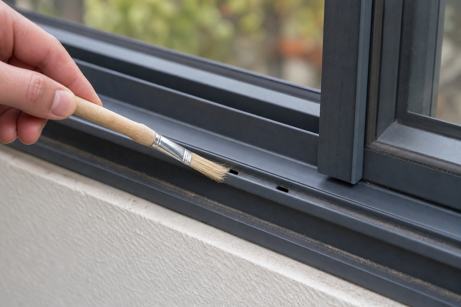 Brush clearing drainage holes in aluminium window track