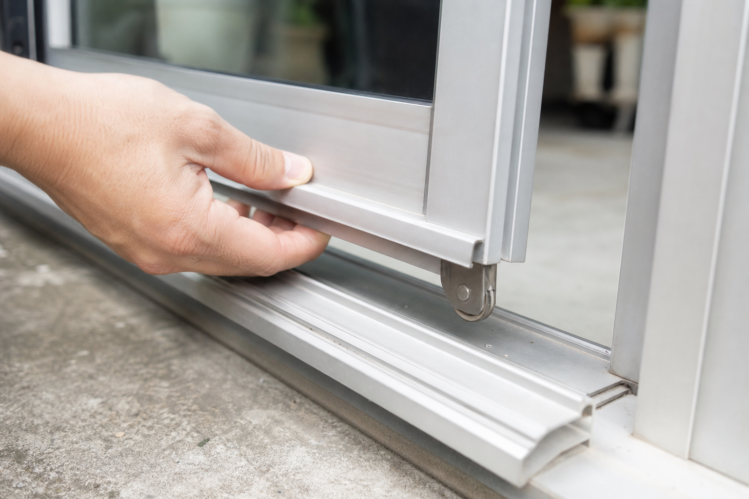 Sliding window panel lifted slightly to inspect roller