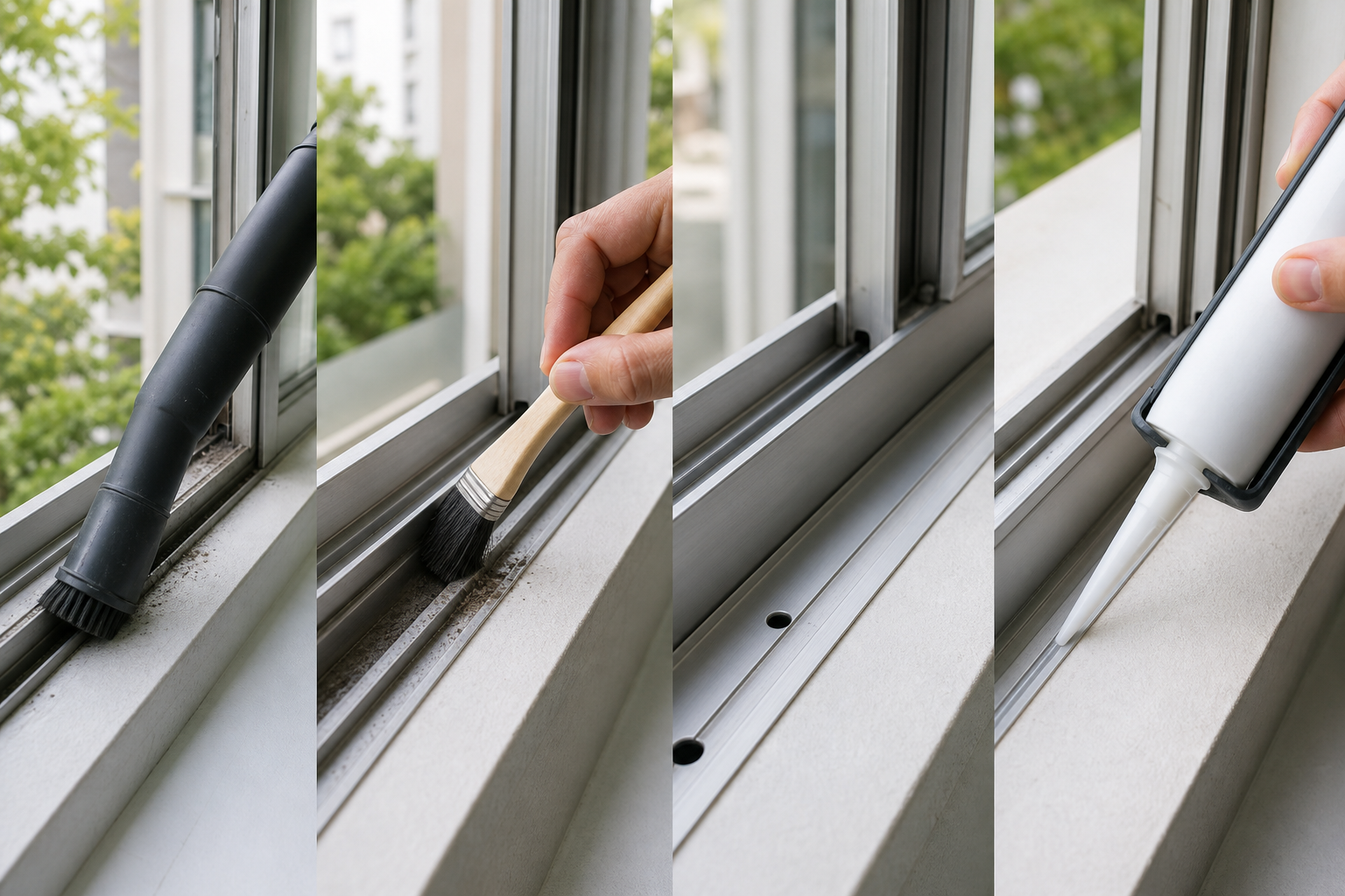 Window maintenance sequence from vacuuming to clearing drains and lubricating