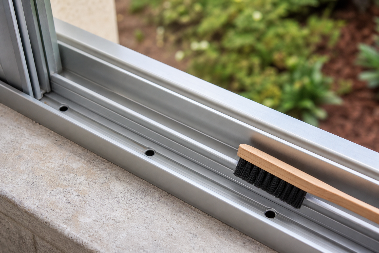 Clean aluminium window track with clear drainage holes