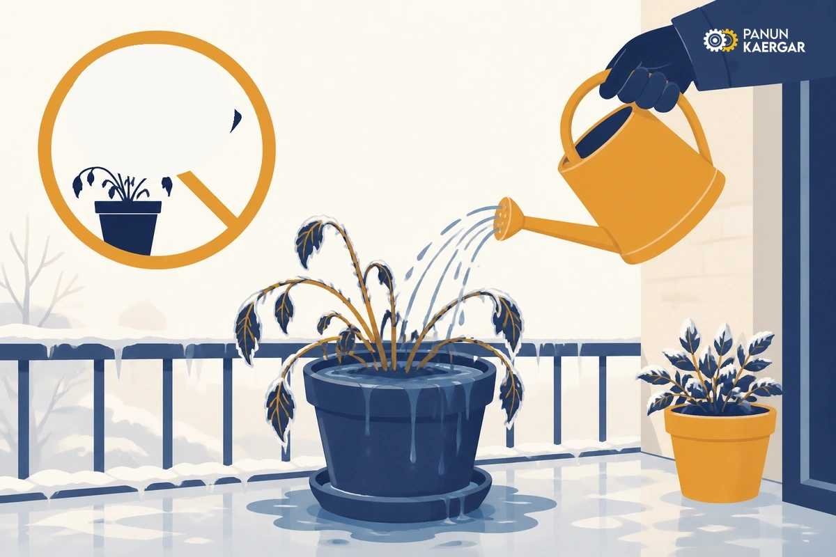 Watering can pouring onto frost-damaged balcony plant with soggy cold soil