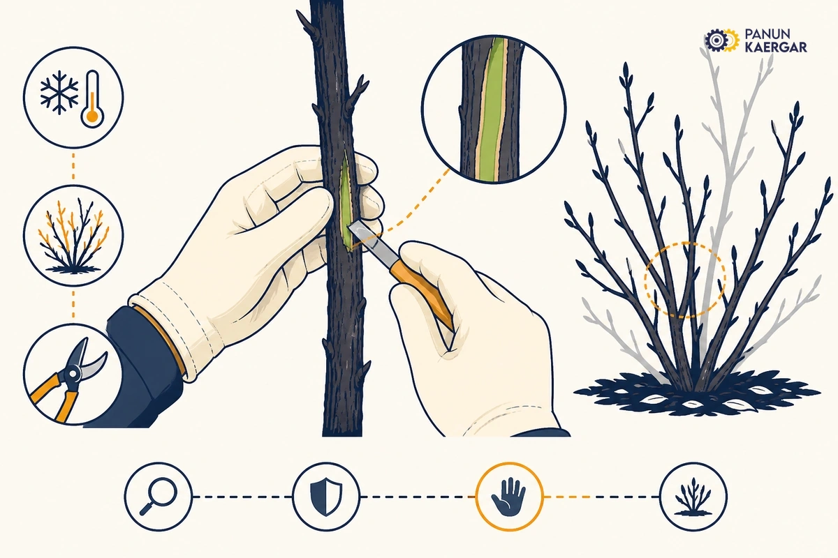 Wait before hard pruning — Scrape a stem for green tissue after a week; light cleanup only until you know what sur...