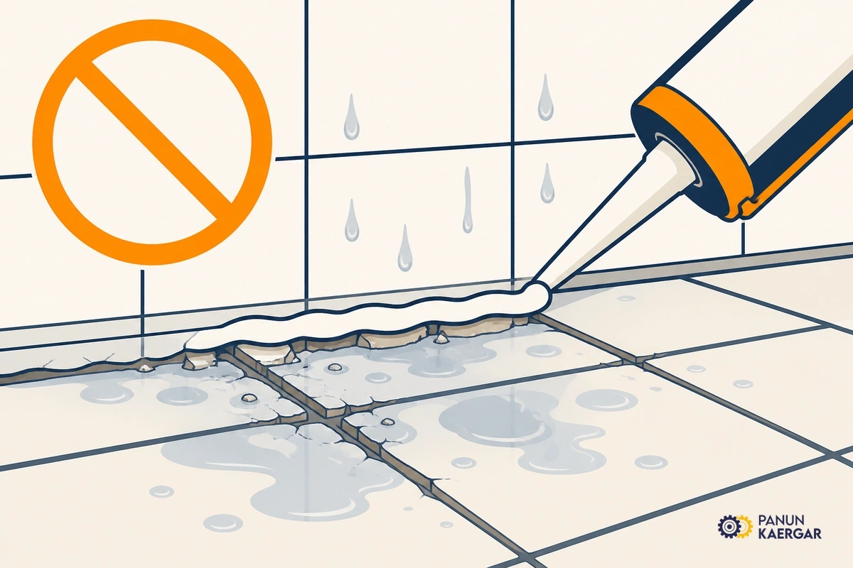 Silicone sealant squeezed over wet crumbling bathroom floor grout