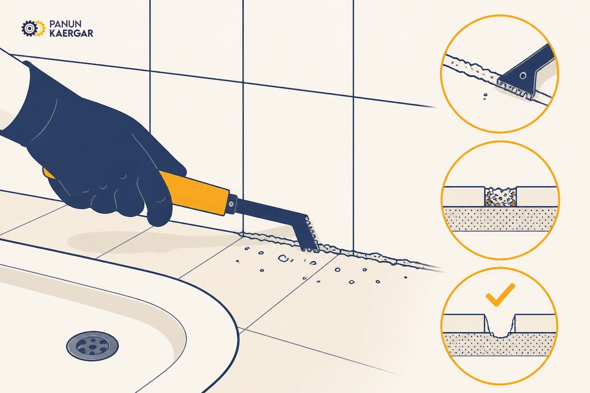 Rake out loose grout only — Use a grout rake or a narrow tool to remove loose material to a sound depth — do not di...