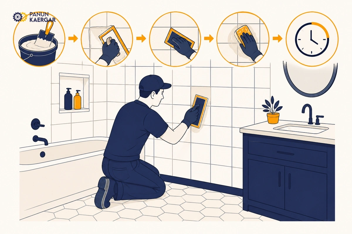 Regrout and cure before sealing — Press bathroom-grade grout firmly into the joint, tool it smooth, clean haze carefully,...