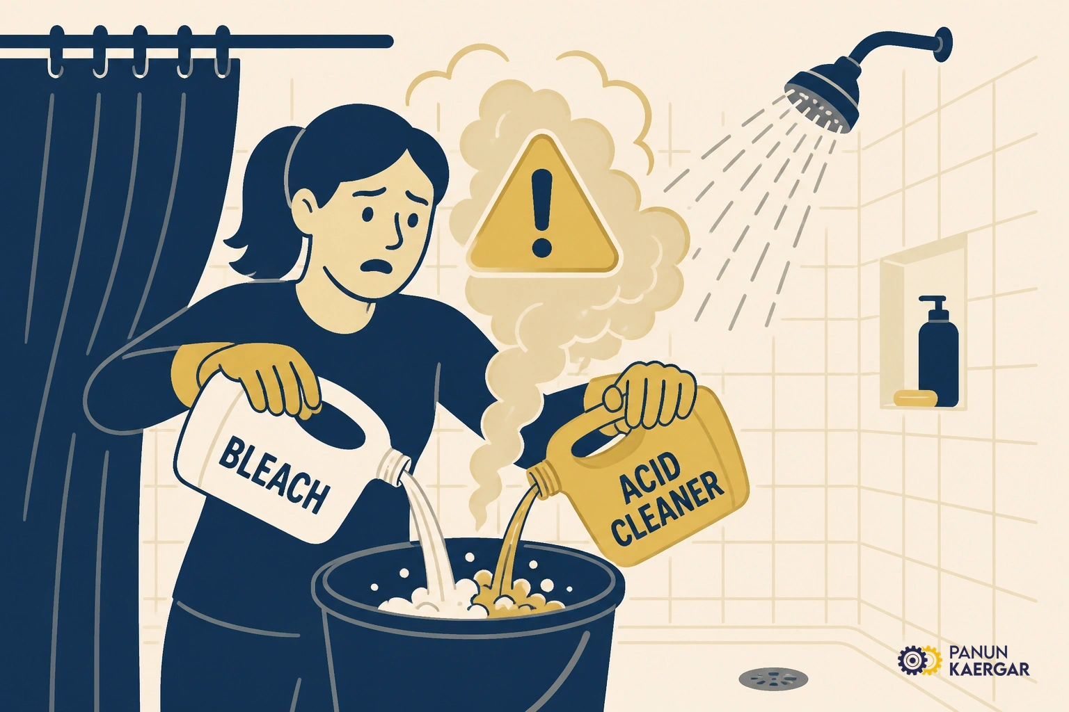 Bleach and acid cleaner bottles mixed in shower