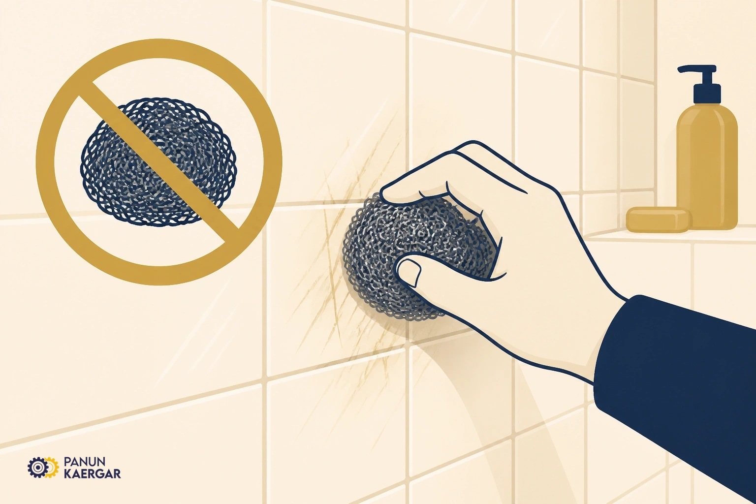 Metal scouring pad scrubbing shower tiles hard