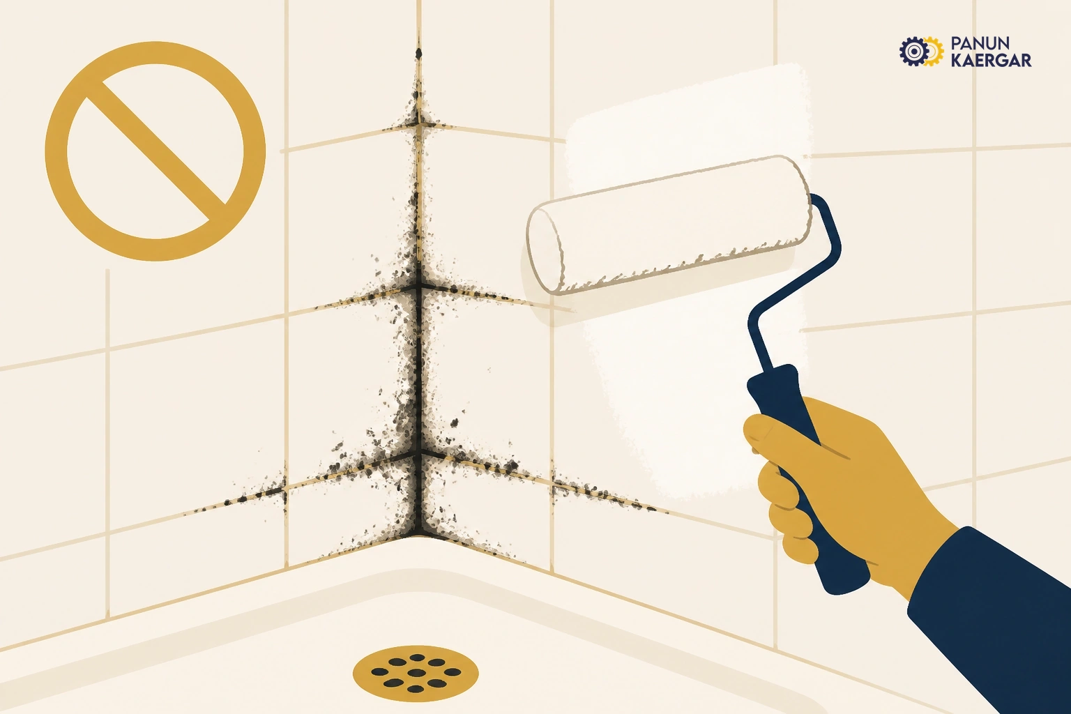 Paint roller over black mould spots in shower grout