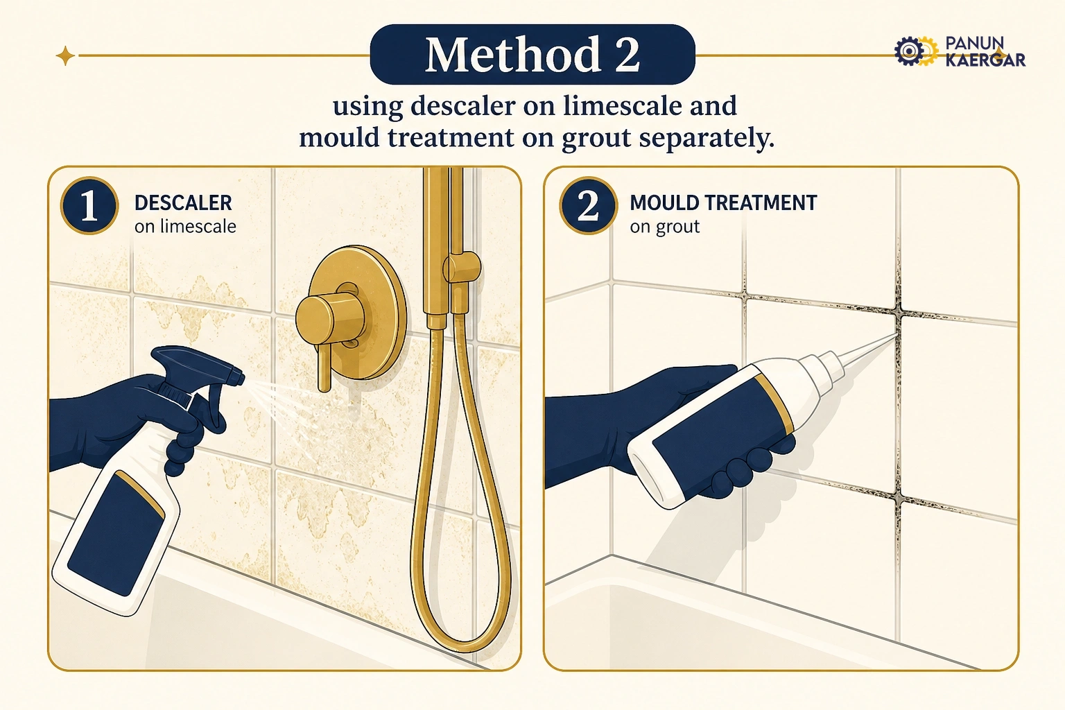 Match cleaner to stain — Use descaler on mineral crust; use mould treatment on organic growth in grout