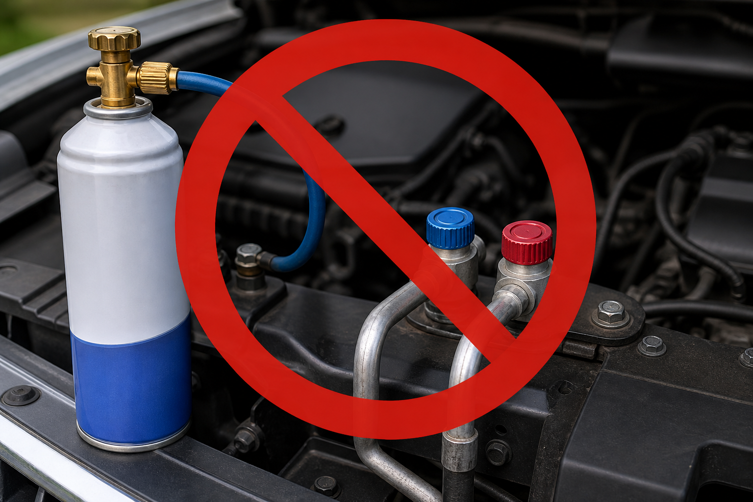Car refrigerant can beside service ports with a stop warning symbol