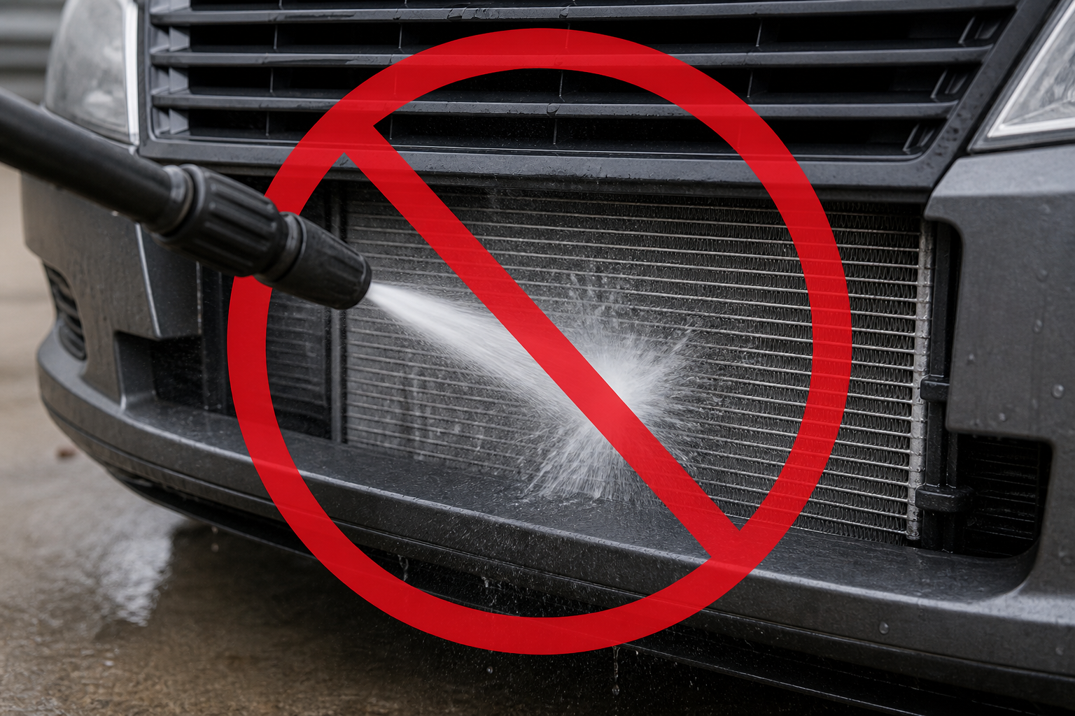 Pressure washer aimed at a car grille with a stop warning symbol