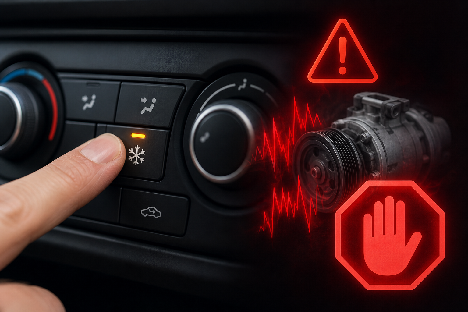 Car dashboard AC button switched off beside warning symbol for unusual mechanical noise