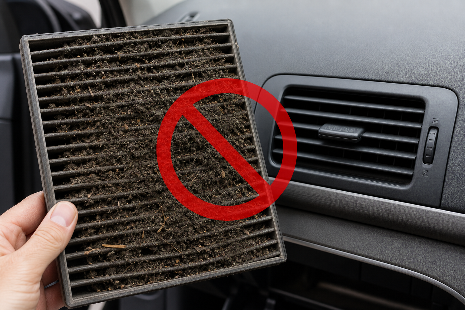 Clogged cabin filter with a stop warning next to car air vent