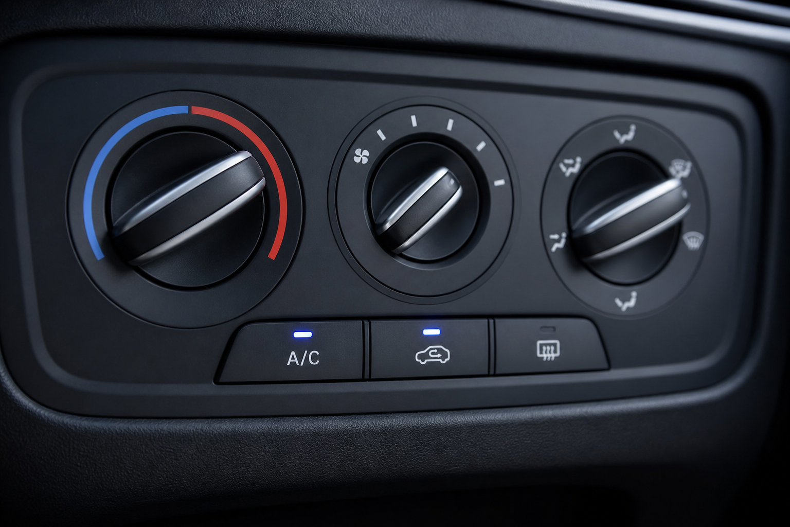 Car climate control panel with air conditioning and recirculation buttons selected