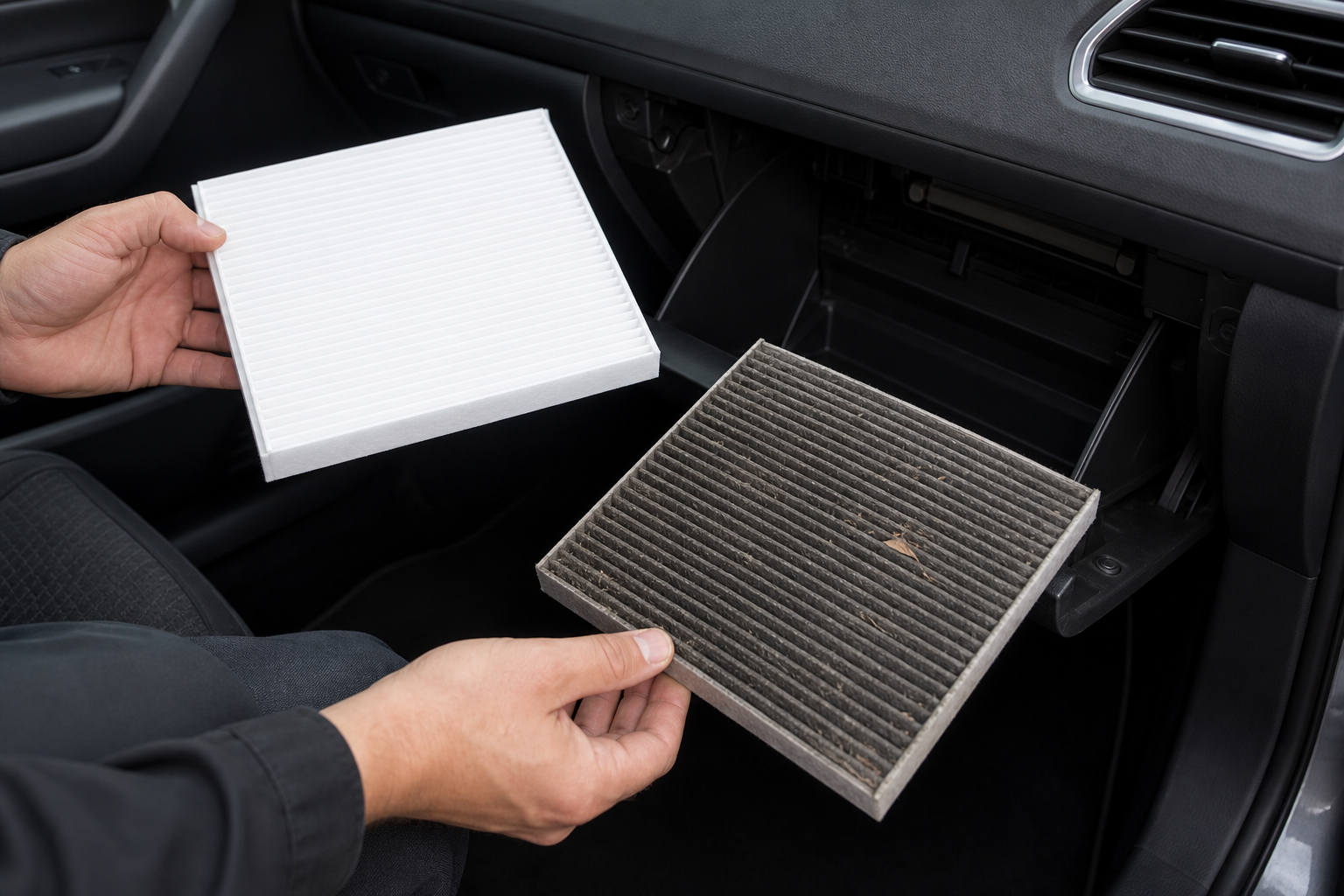 Clean car cabin air filter beside a dusty used filter near an open glovebox
