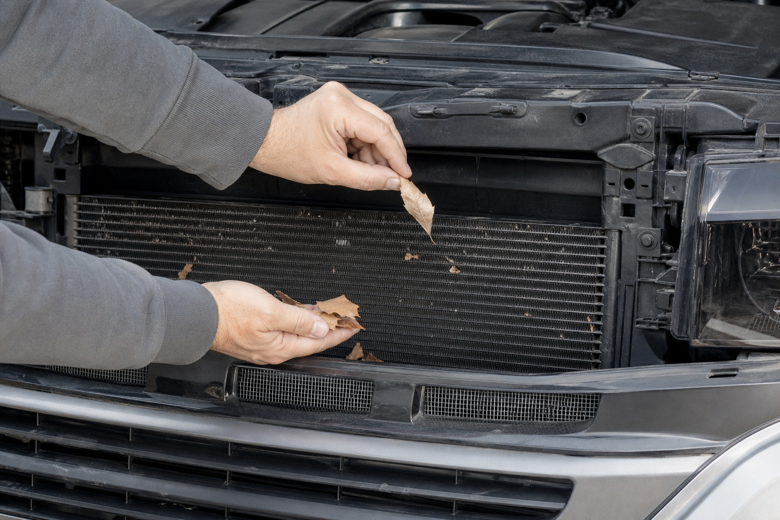 Car front grille with loose leaves being removed safely from in front of the condenser