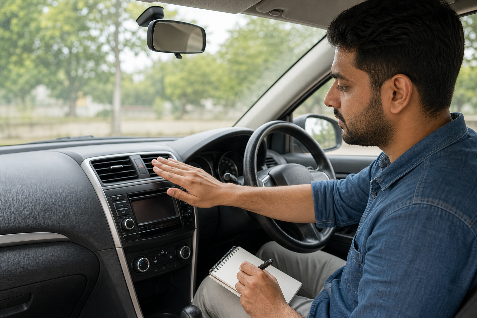 Driver noting car AC cooling performance while stationary in safe parked vehicle