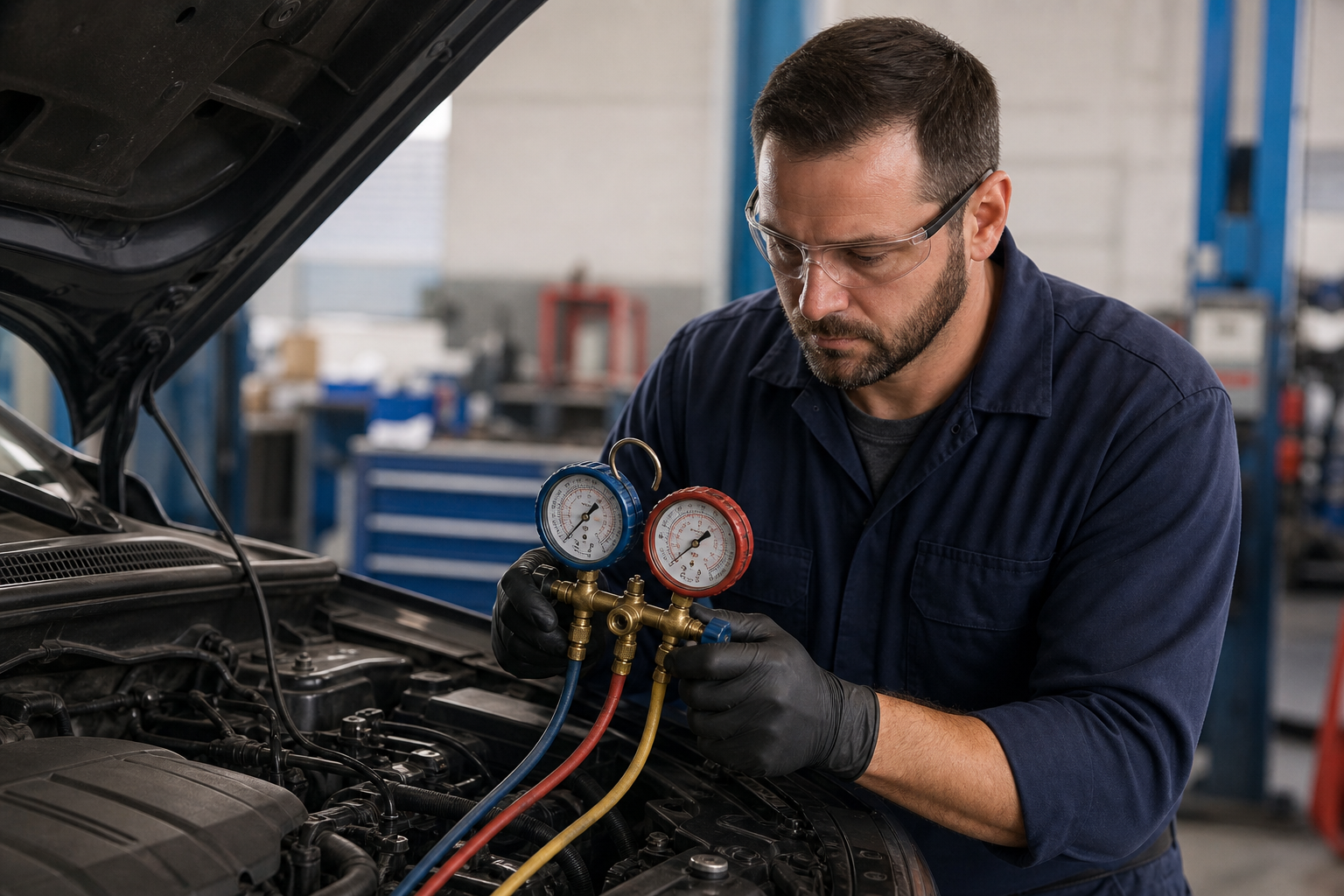 Vehicle AC technician performing a controlled leak and performance diagnosis with service equipment