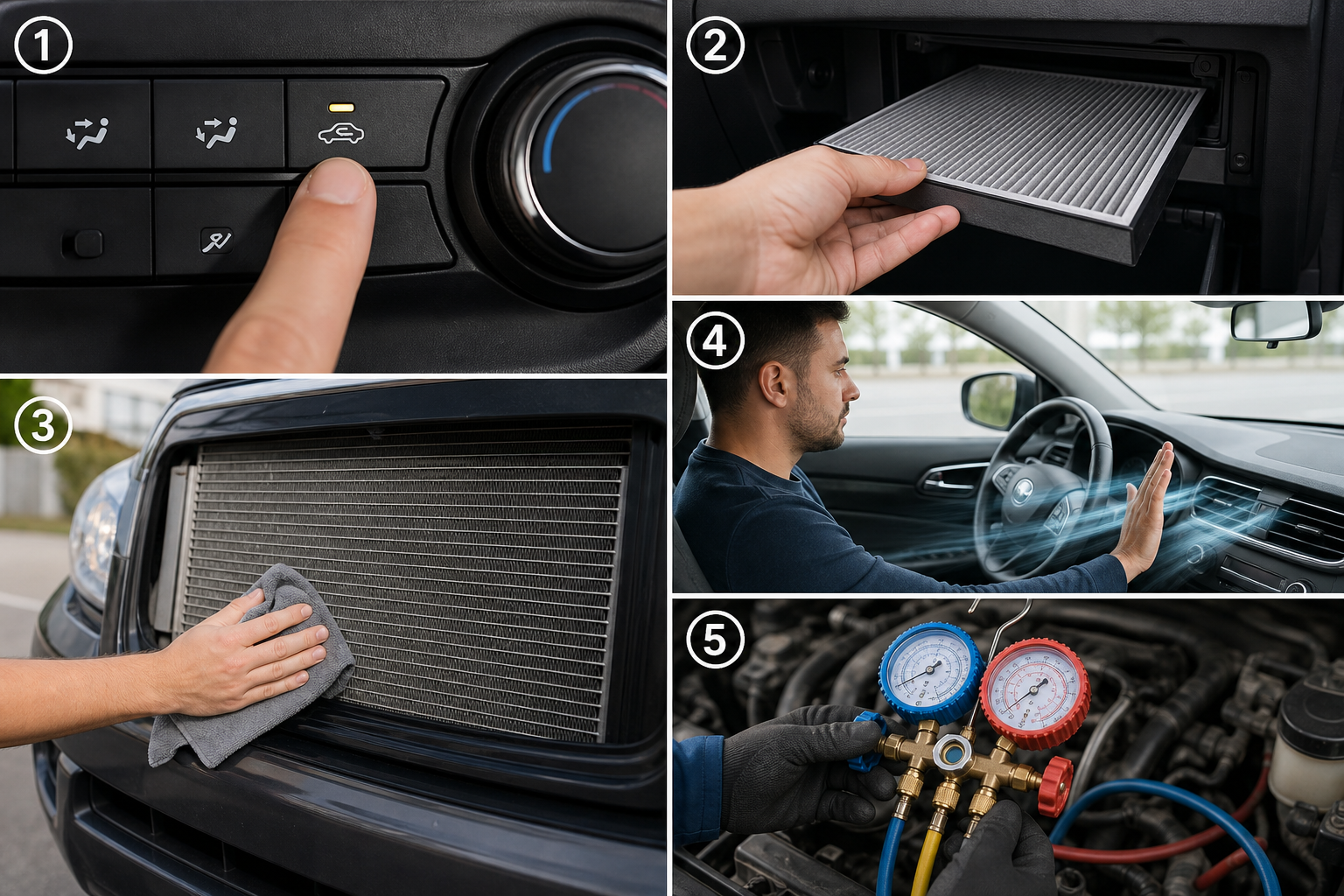 Five-step car AC troubleshooting ladder from recirculation setting to professional leak diagnosis