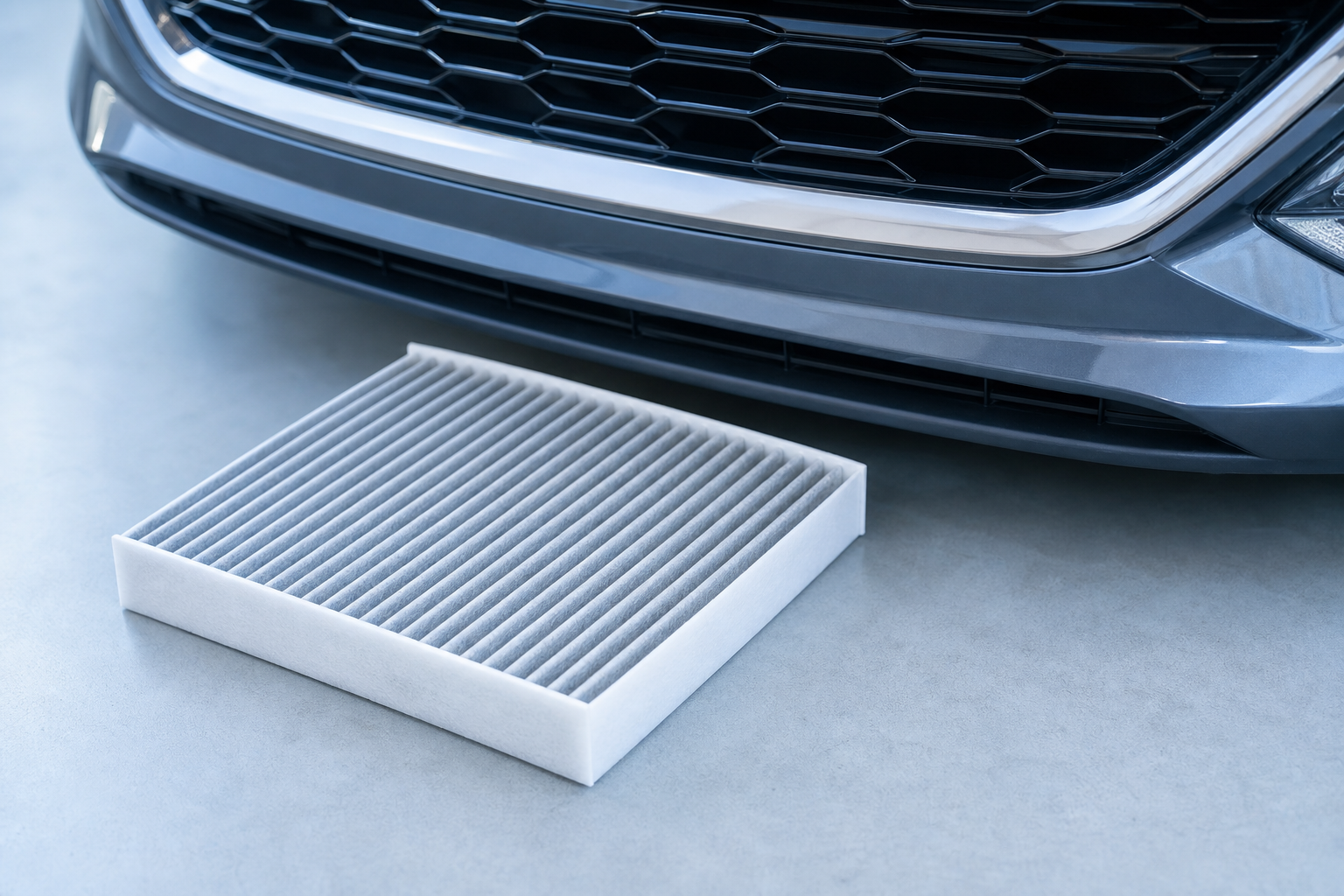 Clean car cabin air filter and clear front grille as preventive car AC care