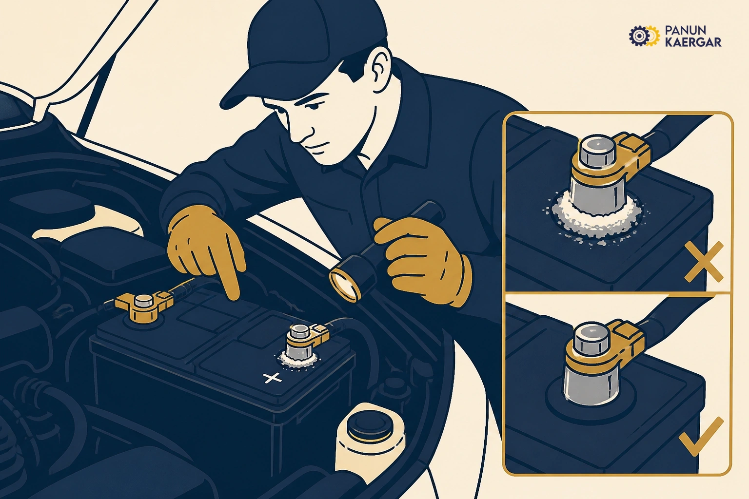 Check terminals — Look for white corrosion and wiggle-test clamp tightness safely