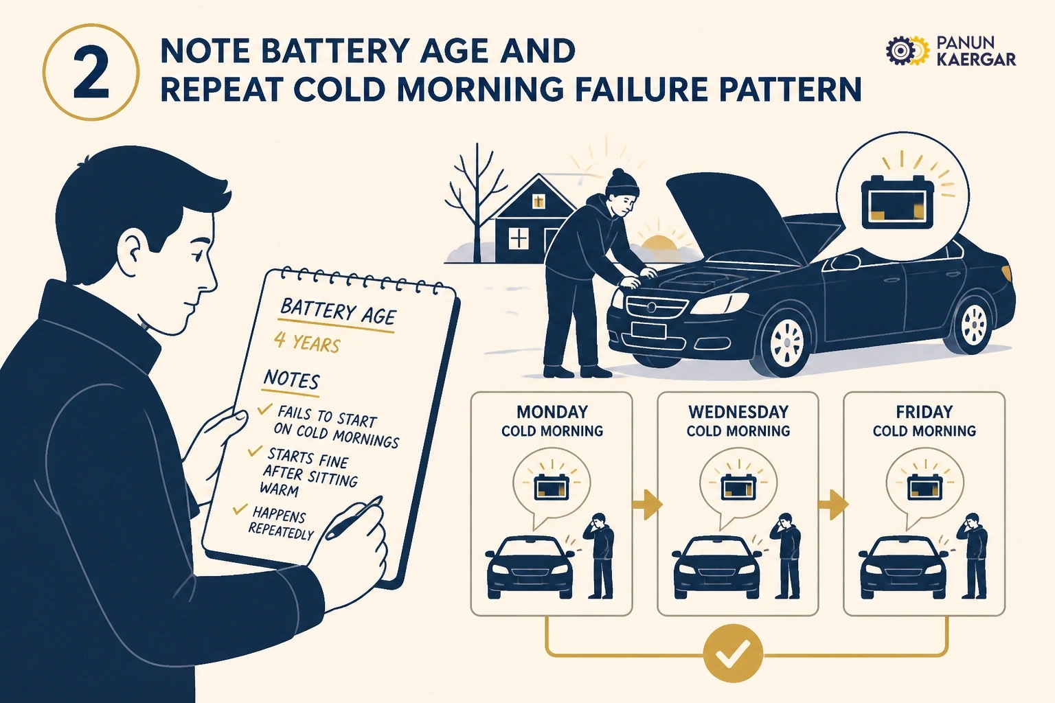 Note age and pattern — Batteries older than about three to five years fail more often in winter