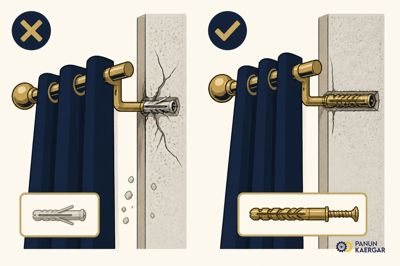 Wrong size rawlplugs beside falling curtain rod bracket