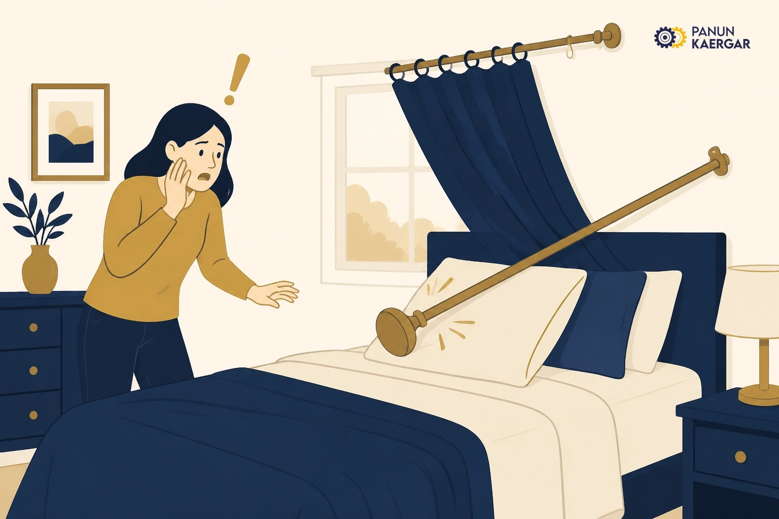 Curtain rod fallen onto bed pillow at night