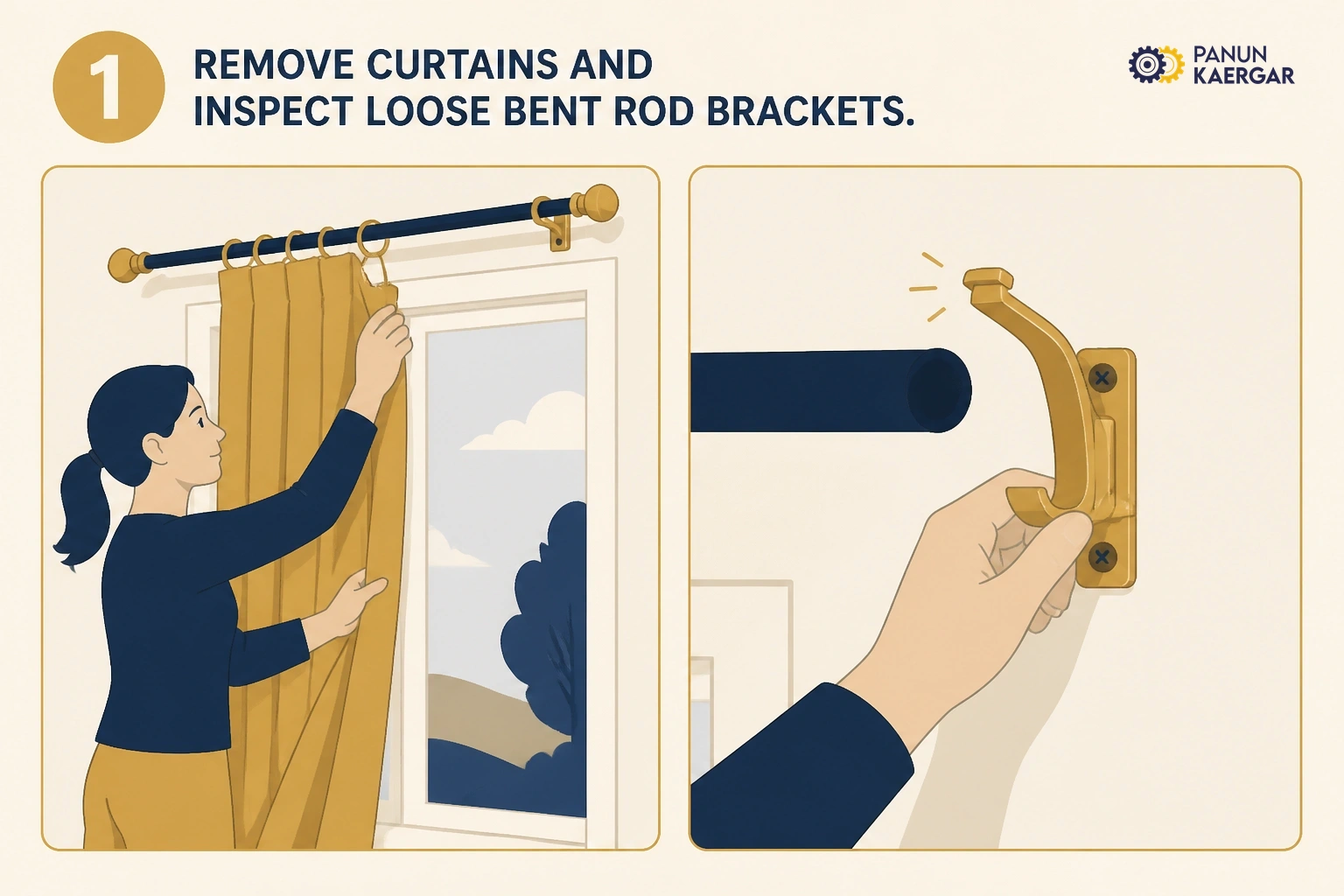 Take the weight off — Remove curtains and check whether brackets are bent or screws are loose