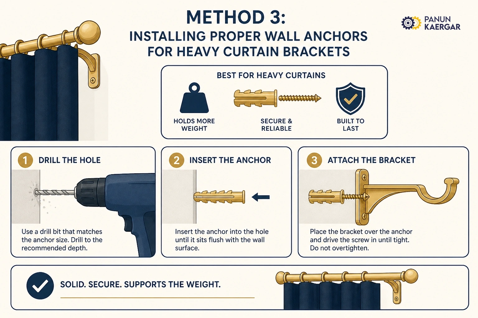 Use proper anchors — Match fixings to wall type; heavy curtains need solid anchors and enough points