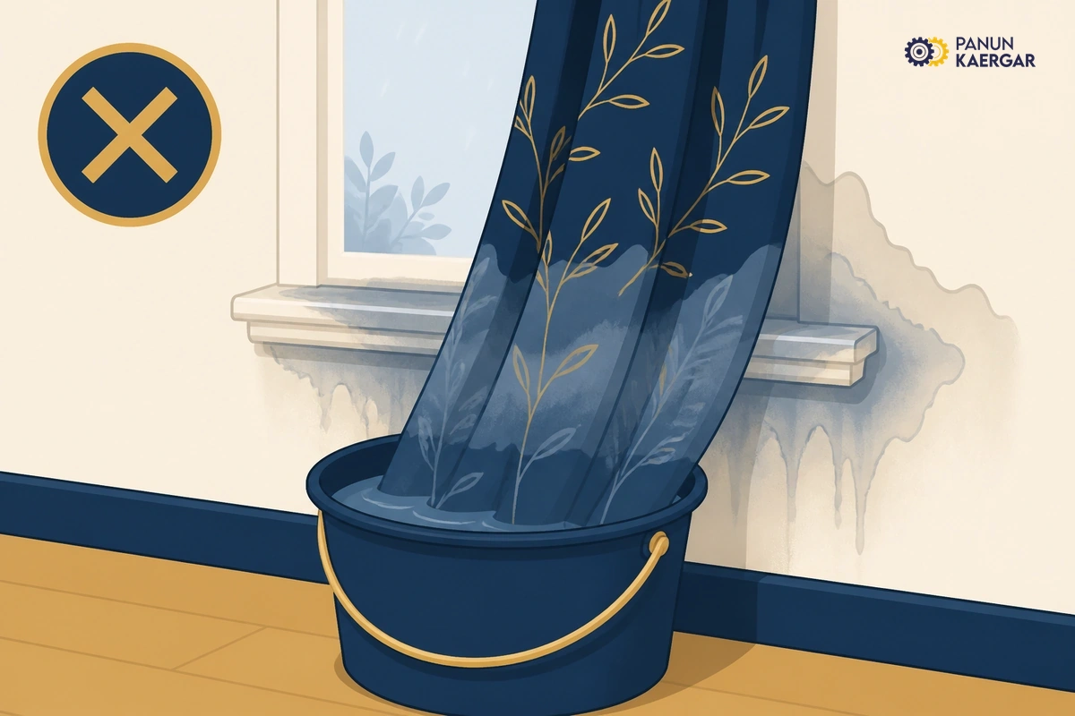 Bucket soaking bottom hem of hanging curtain beside damp window wall