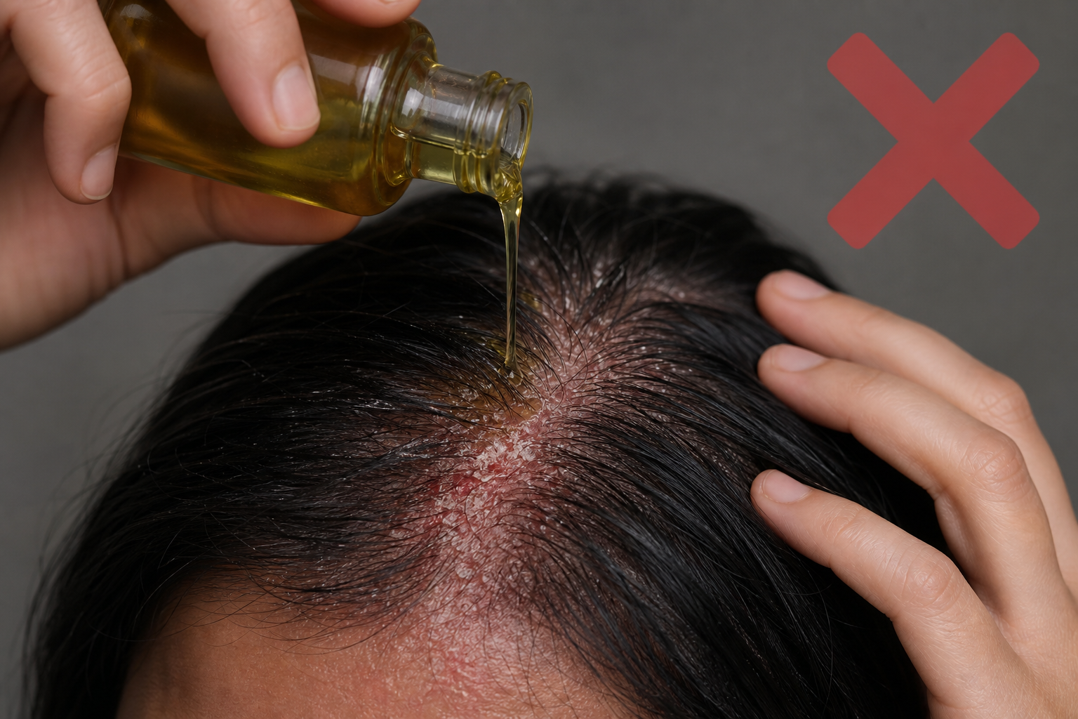 Heavy oil being applied to an irritated flaky scalp