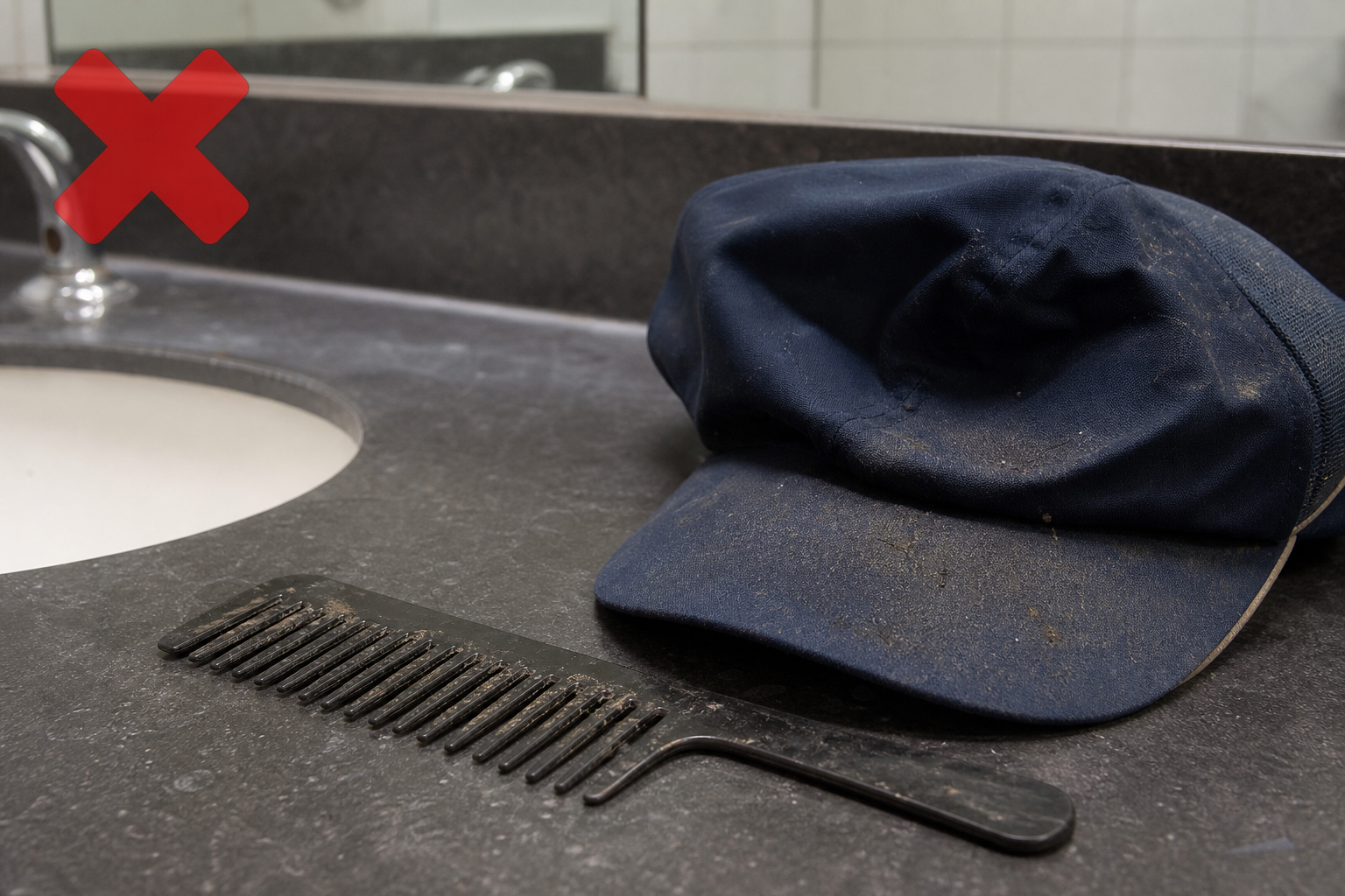 Unclean cap and comb on a bathroom counter