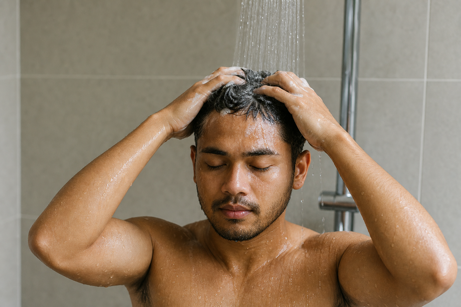 Man gently washing his scalp under lukewarm shower water